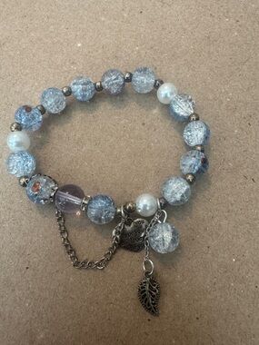 Handmade Blue Crackle Glass Bead Bracelet with Charms